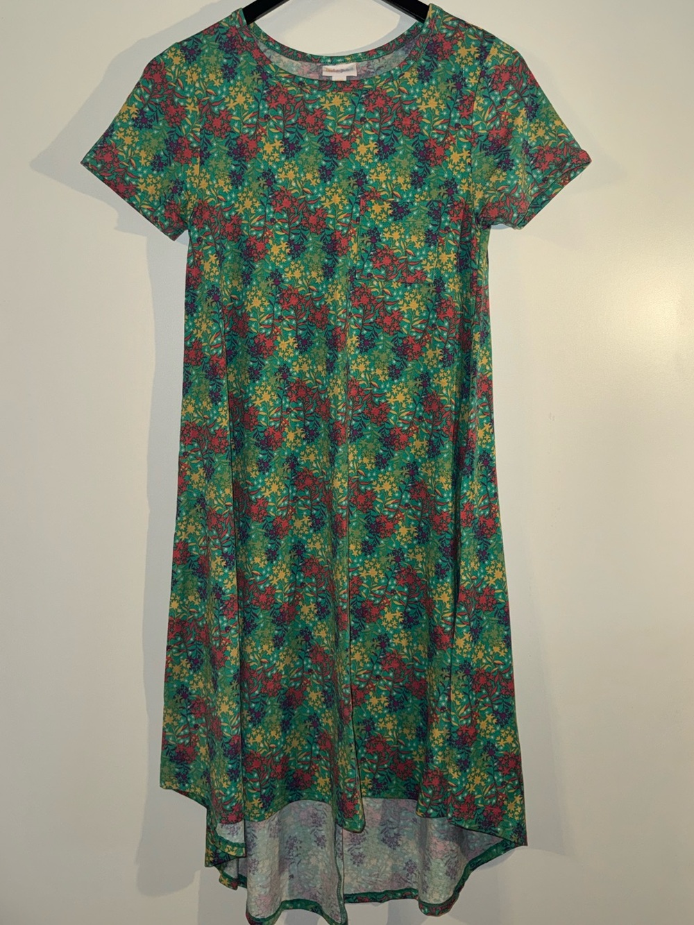 LuLaRoe Carly Green Floral High-Low Swing Short Sleeve Dress